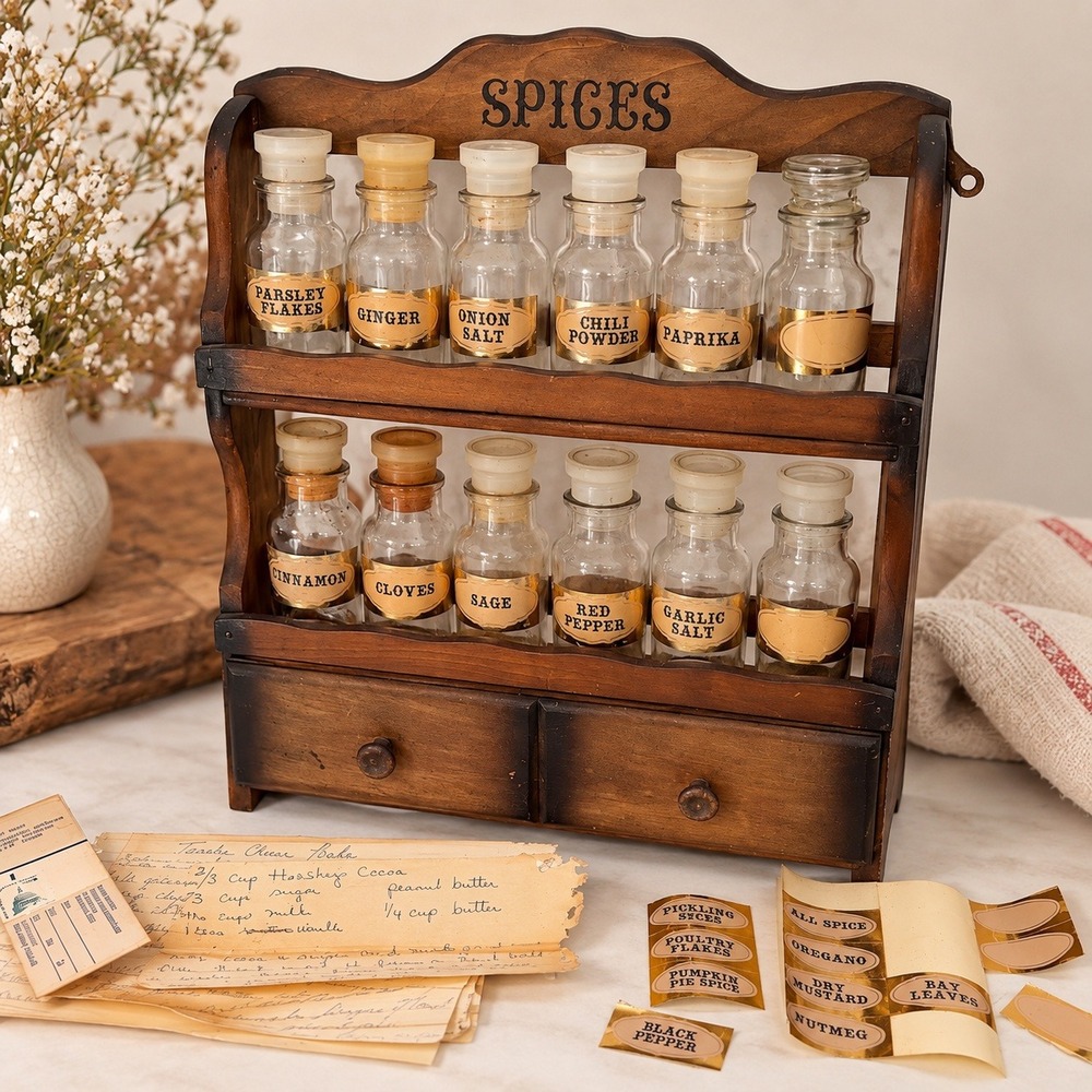 MCM Vintage Wooden Spice Rack Ephemera Bottles Drawers 60s 70s Trad Wife Cottage
